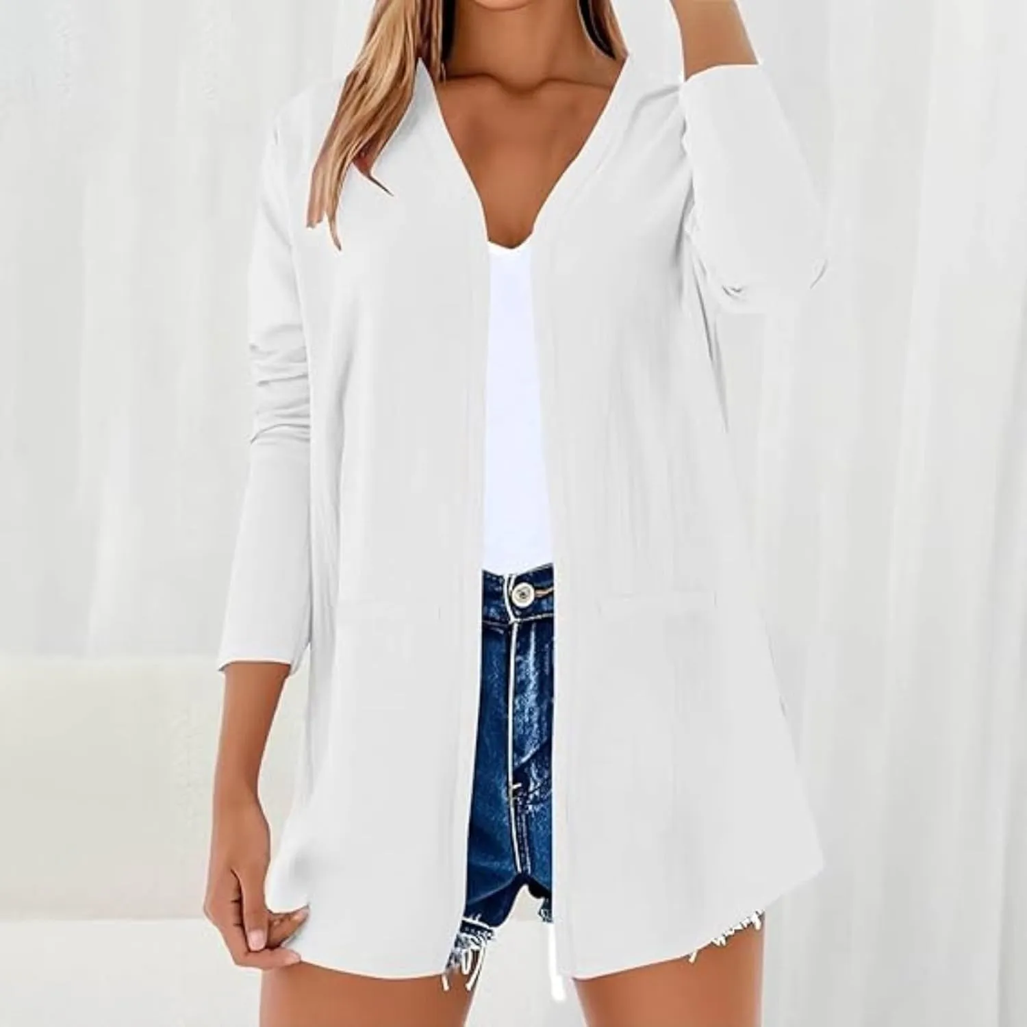Lightweight Cardigans for Women Trendy Long Sleeve V Neck Open Front Linen Shirts Causal Gauze Outfits with Pockets