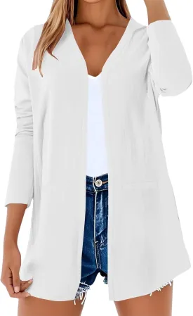 Lightweight Cardigans for Women Trendy Long Sleeve V Neck Open Front Linen Shirts Causal Gauze Outfits with Pockets