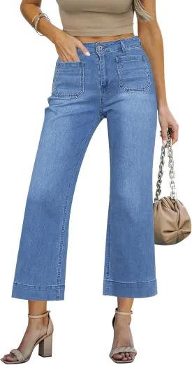LookbookStore Wide Leg Cropped Jeans for Women High Waisted Stretchy Denim Jean Pants Baggy Flare Trouser Jeans Pockets