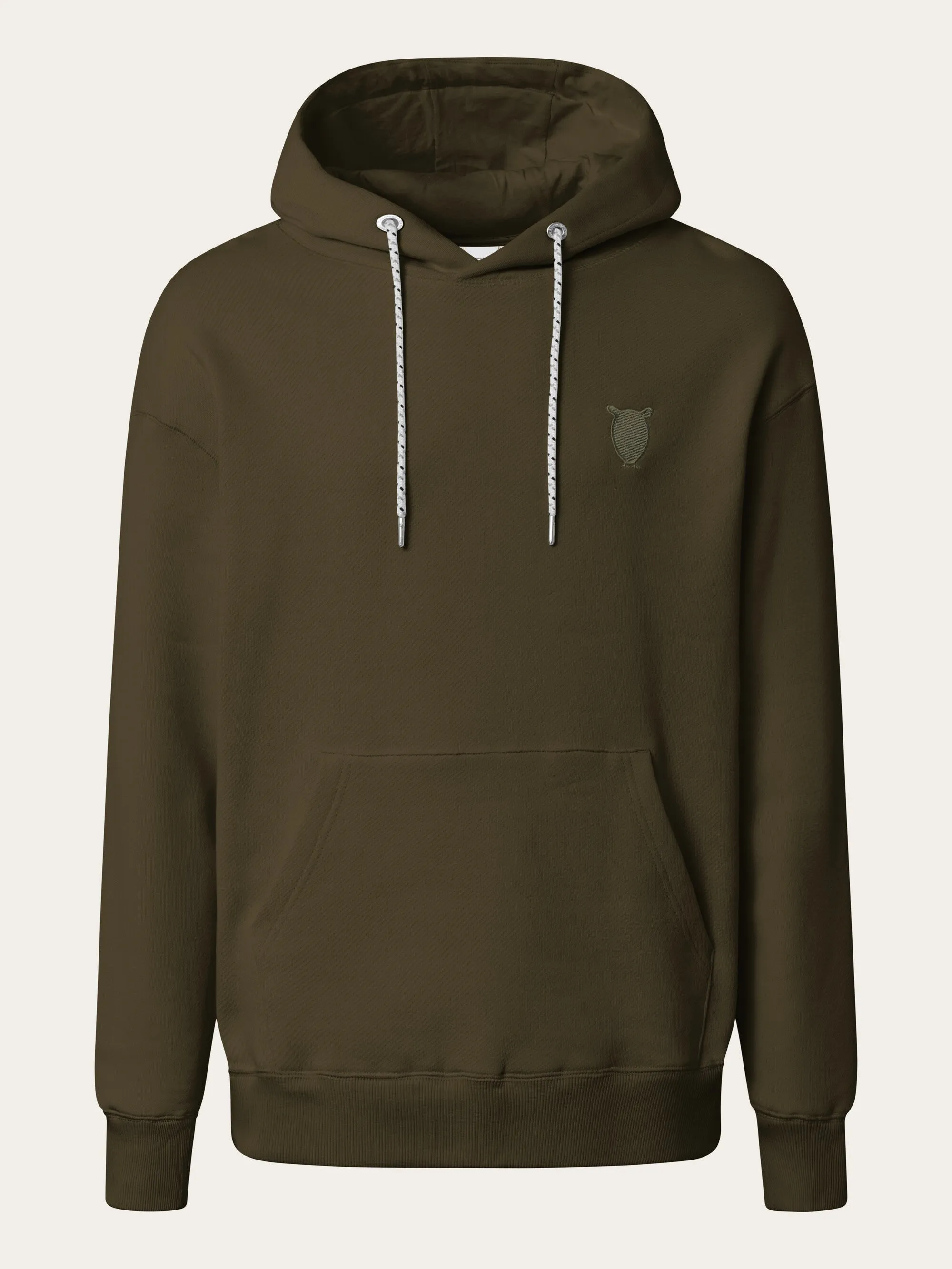 Loose fit hood kangaroo pocket sweat with embroidery at chest - Dark Olive