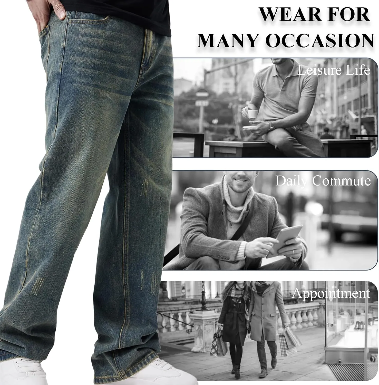 Men's Classic Jeans Relaxed Fit Jeans - Straight Leg Stretch Denim Pants with Comfort Flex Waist