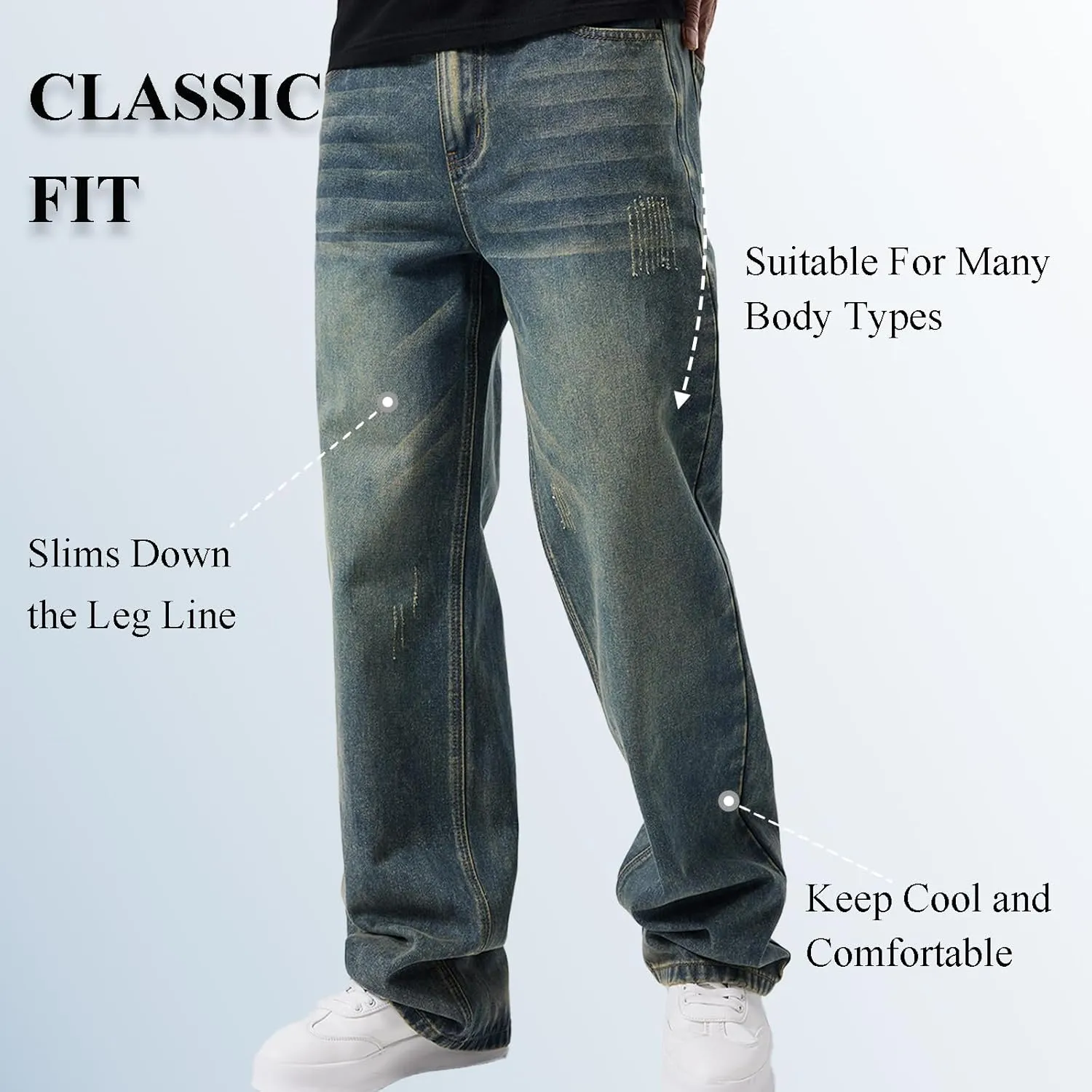 Men's Classic Jeans Relaxed Fit Jeans - Straight Leg Stretch Denim Pants with Comfort Flex Waist