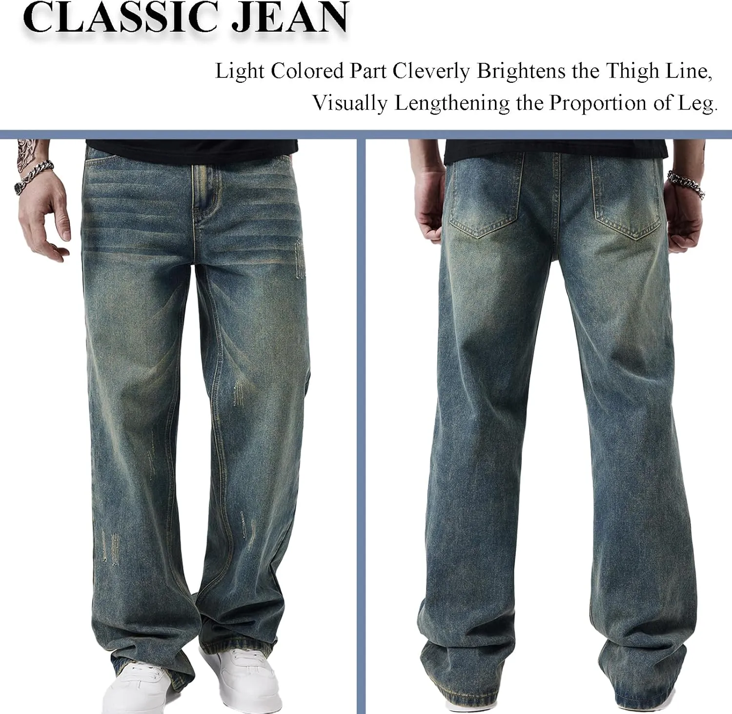 Men's Classic Jeans Relaxed Fit Jeans - Straight Leg Stretch Denim Pants with Comfort Flex Waist