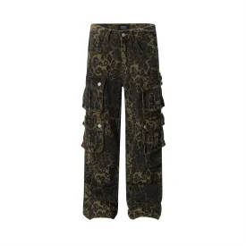 Men's Punk Distressed Pleated Leopard Jeans