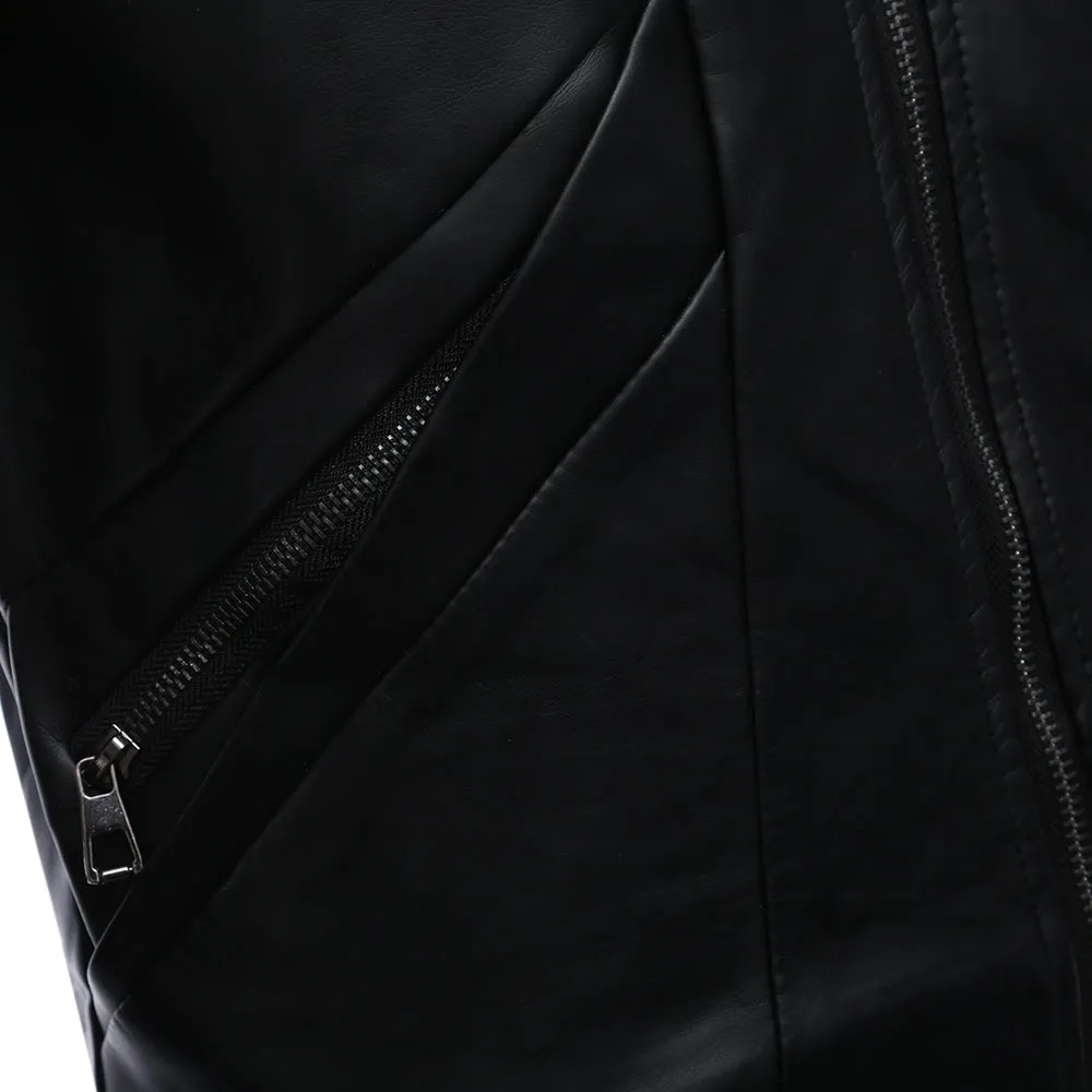 Men's Slim Fit Stylish Stand Collar Zipper Design Warm Leather Coat