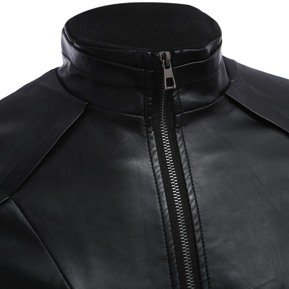 Men's Slim Fit Stylish Stand Collar Zipper Design Warm Leather Coat