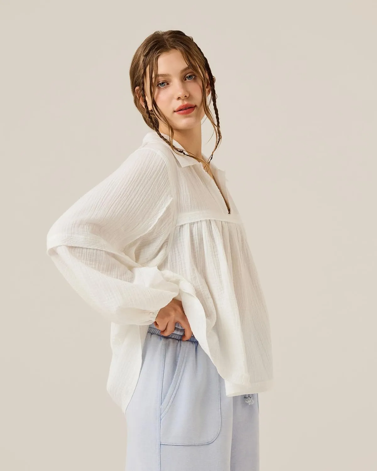 noflik Boho Casual Oversized Collared v-Neckline Long Bubble Sleeve Loose Flowy 100% Cotton Gauze Babydoll Blouse Top