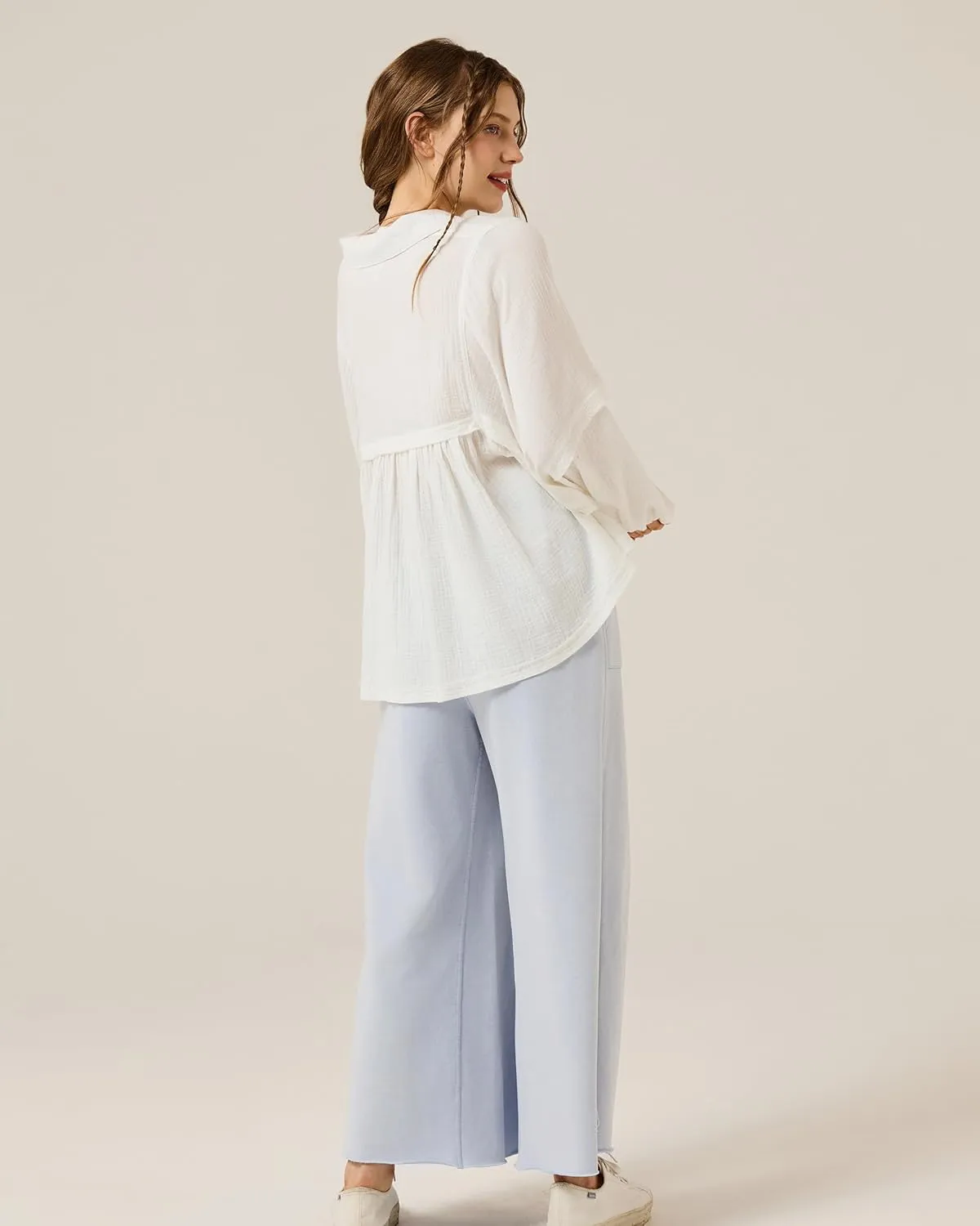 noflik Boho Casual Oversized Collared v-Neckline Long Bubble Sleeve Loose Flowy 100% Cotton Gauze Babydoll Blouse Top
