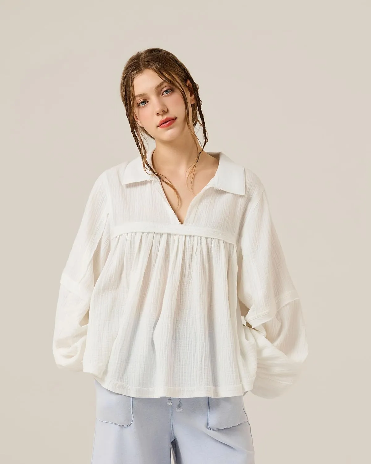 noflik Boho Casual Oversized Collared v-Neckline Long Bubble Sleeve Loose Flowy 100% Cotton Gauze Babydoll Blouse Top
