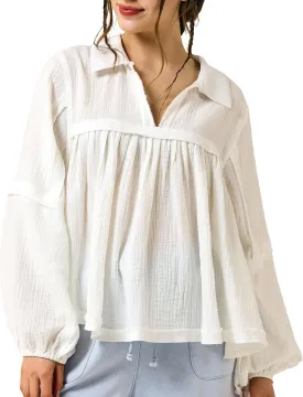 noflik Boho Casual Oversized Collared v-Neckline Long Bubble Sleeve Loose Flowy 100% Cotton Gauze Babydoll Blouse Top