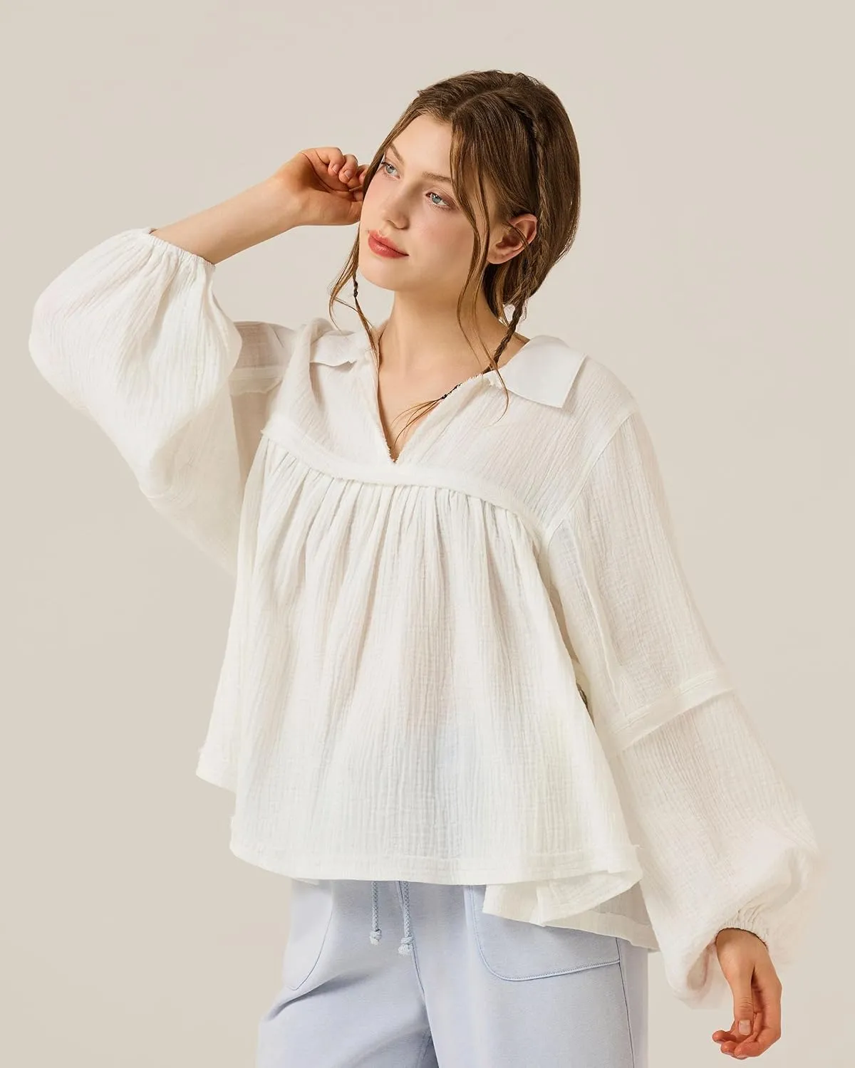noflik Boho Casual Oversized Collared v-Neckline Long Bubble Sleeve Loose Flowy 100% Cotton Gauze Babydoll Blouse Top