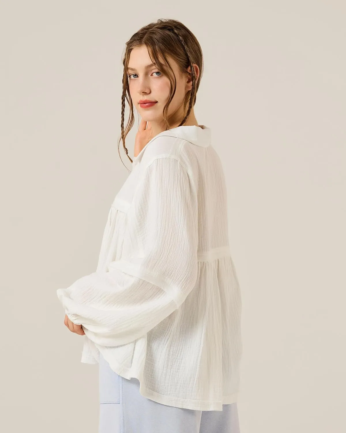 noflik Boho Casual Oversized Collared v-Neckline Long Bubble Sleeve Loose Flowy 100% Cotton Gauze Babydoll Blouse Top