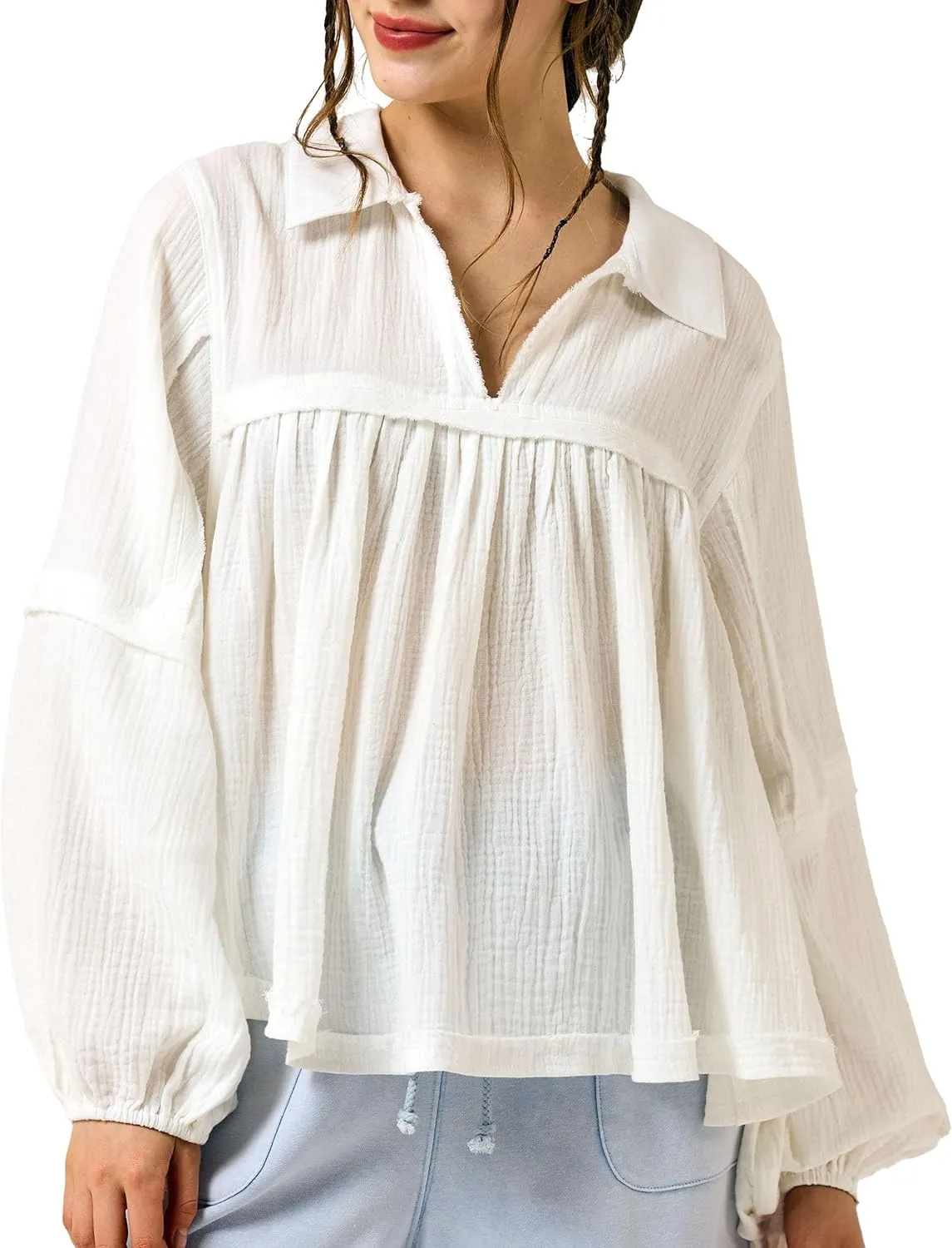 noflik Boho Casual Oversized Collared v-Neckline Long Bubble Sleeve Loose Flowy 100% Cotton Gauze Babydoll Blouse Top
