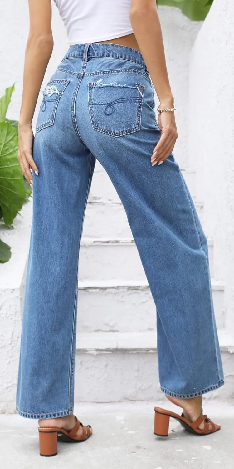 OFLUCK Women's Wide Leg Jeans High Waisted Stretchy Jeans Straight Leg Loose Fit Denim Pants
