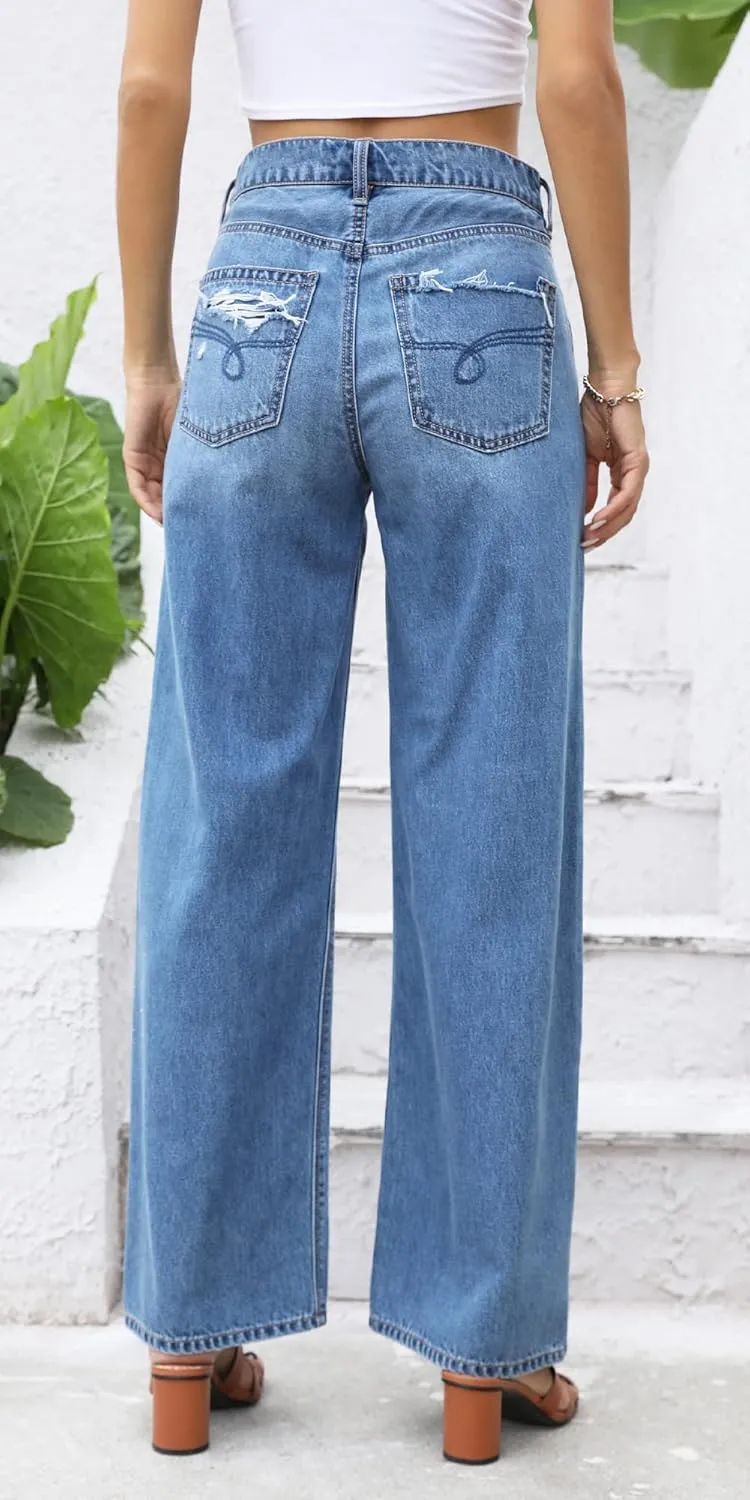 OFLUCK Women's Wide Leg Jeans High Waisted Stretchy Jeans Straight Leg Loose Fit Denim Pants