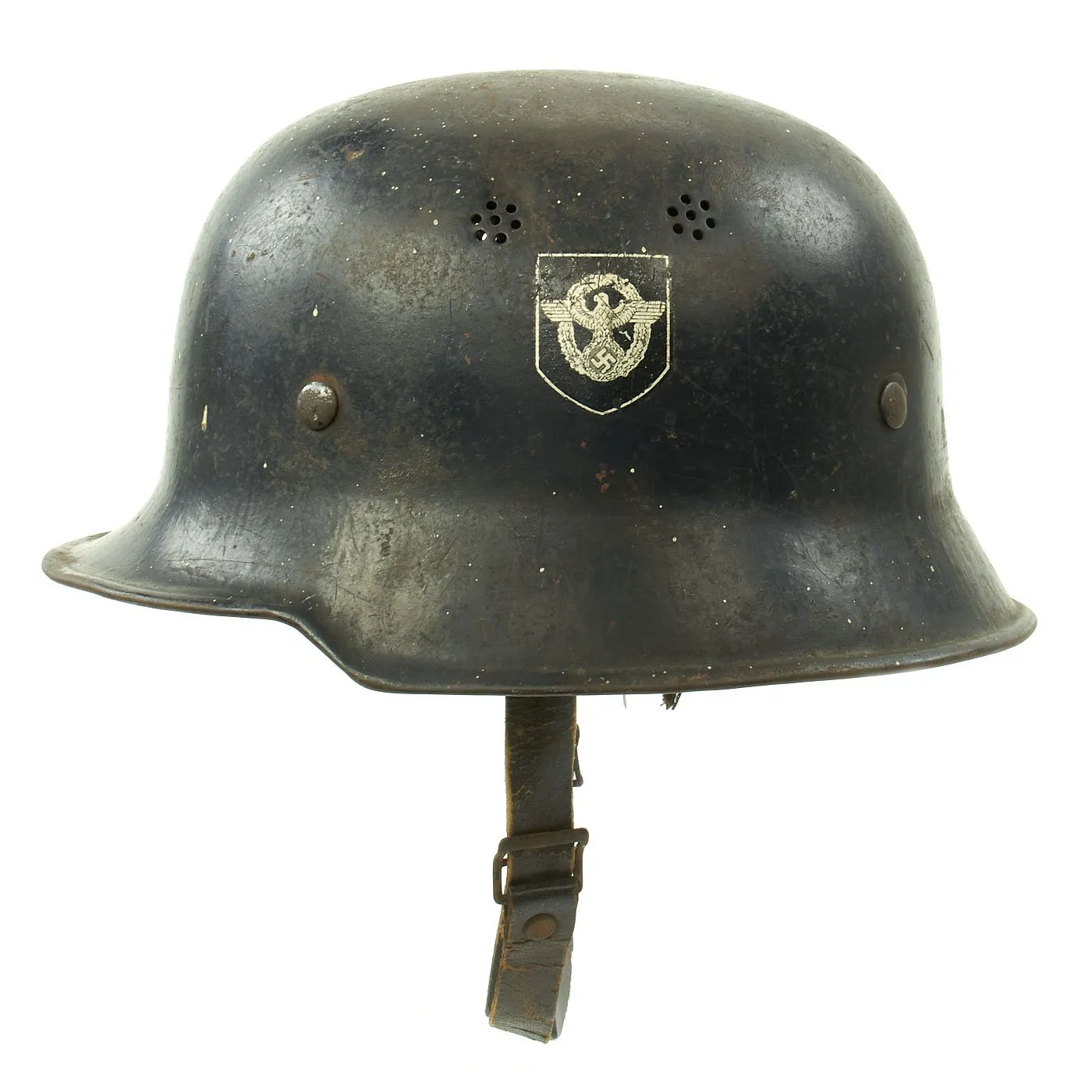 Original German WWII Battle Damaged M34 Square Dip NSDAP Civic Police Steel Helmet