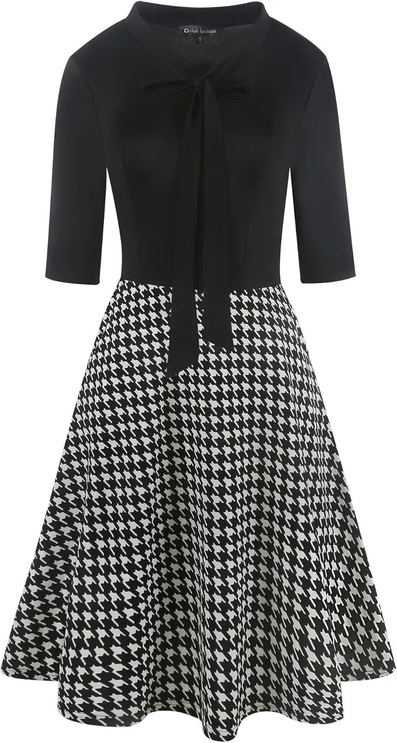oxiuly Women's Vintage Bow Tie V-Neck Pockets Casual Work Party Cocktail Swing A-line Dresses OX278