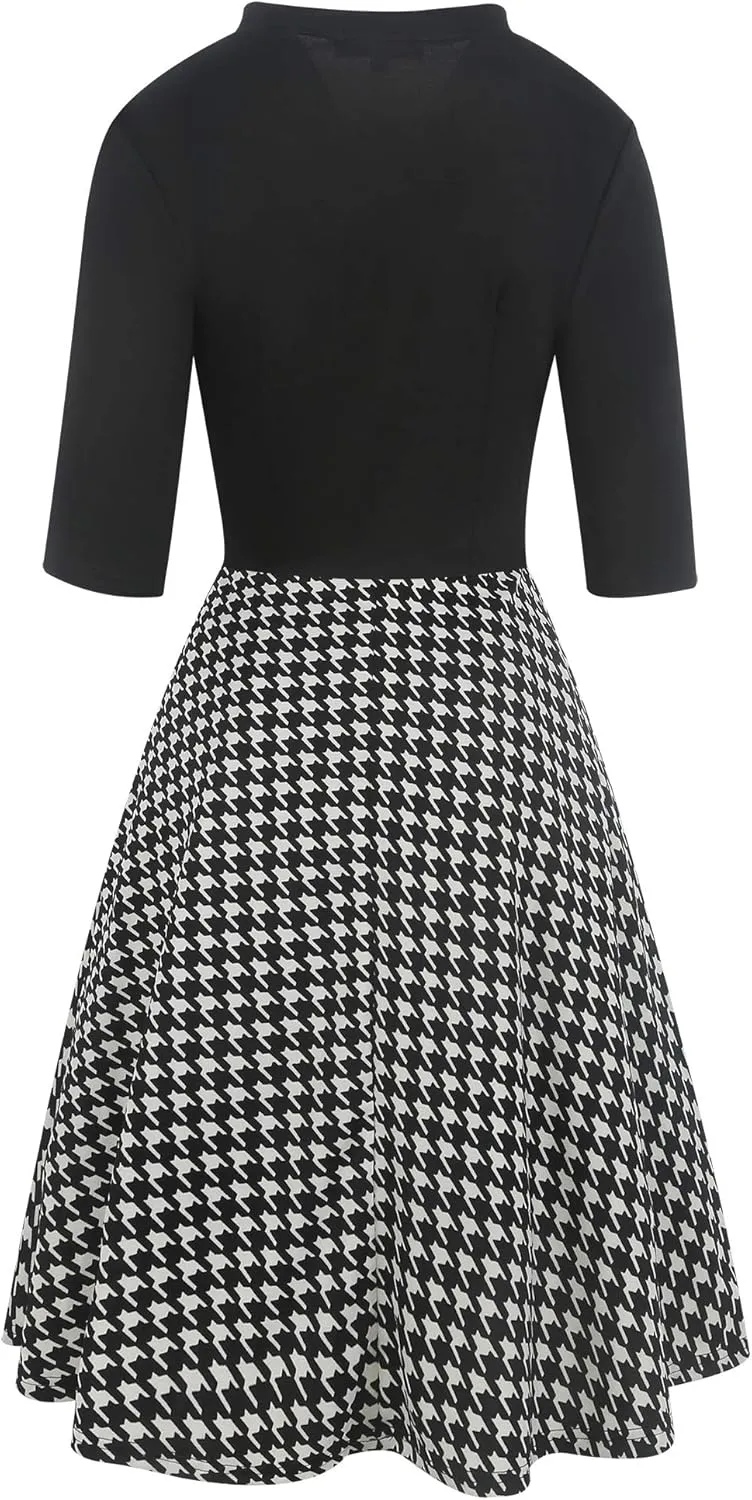 oxiuly Women's Vintage Bow Tie V-Neck Pockets Casual Work Party Cocktail Swing A-line Dresses OX278