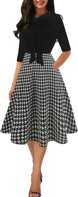 oxiuly Women's Vintage Bow Tie V-Neck Pockets Casual Work Party Cocktail Swing A-line Dresses OX278