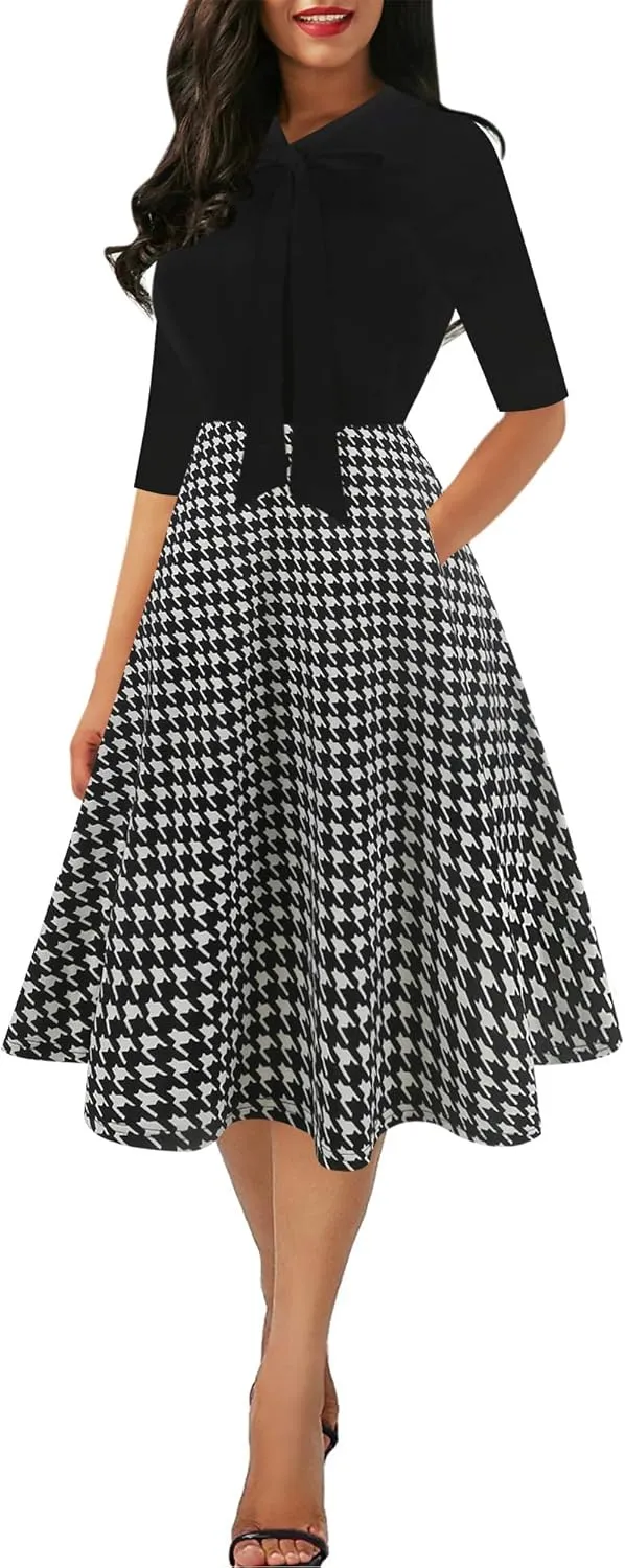 oxiuly Women's Vintage Bow Tie V-Neck Pockets Casual Work Party Cocktail Swing A-line Dresses OX278