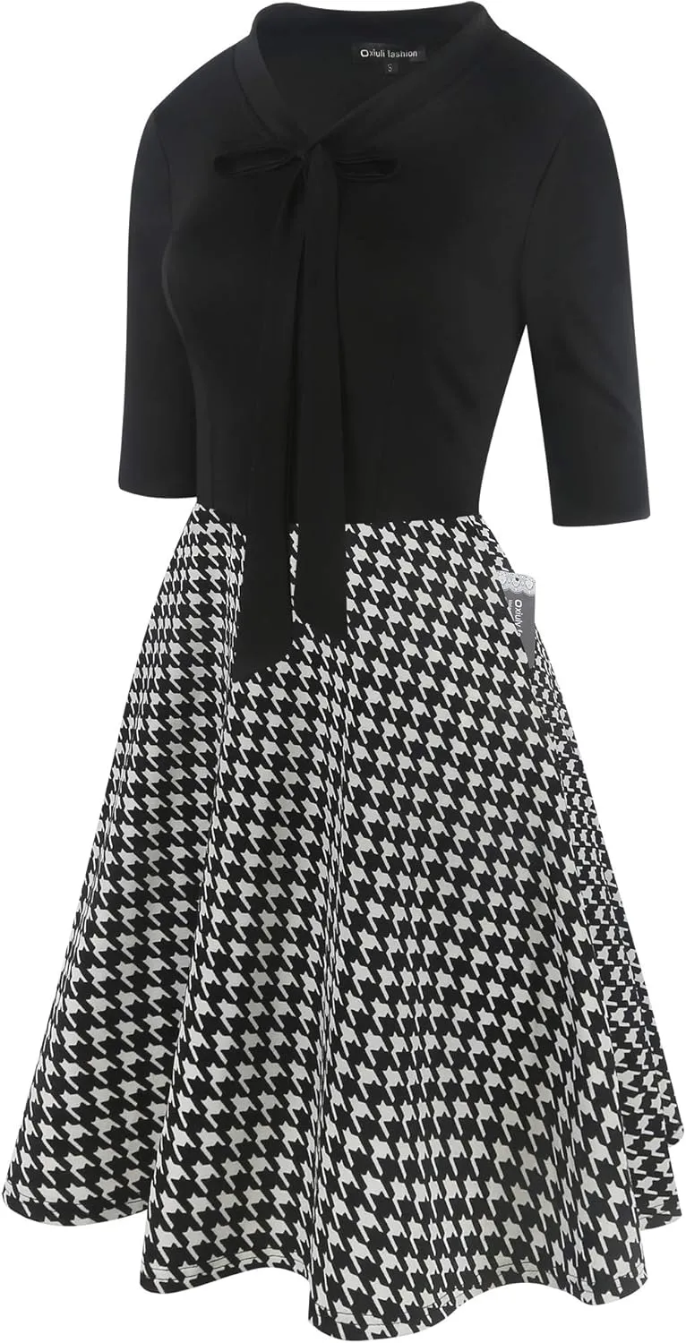 oxiuly Women's Vintage Bow Tie V-Neck Pockets Casual Work Party Cocktail Swing A-line Dresses OX278