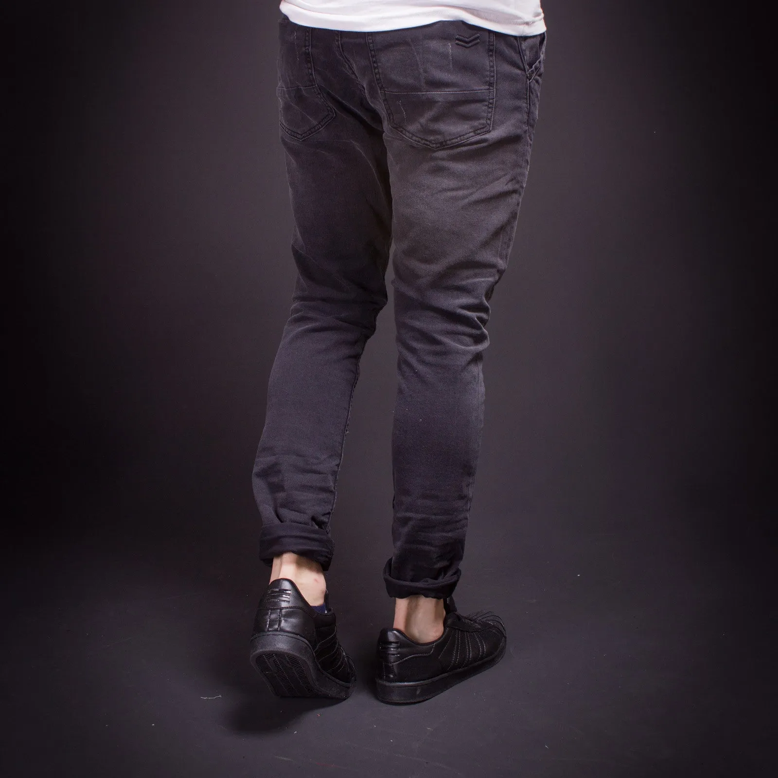 P&V Men Slim Fit Low Crotch Jeans - Washed Black