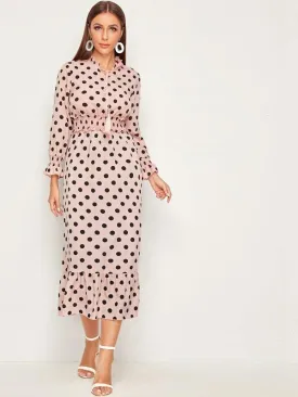 Polka Dot Shirred Tassel Detail Frill Trim Dress