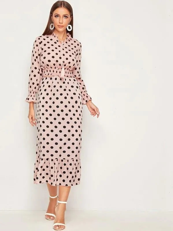 Polka Dot Shirred Tassel Detail Frill Trim Dress