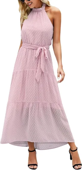 PRETTYGARDEN Women’s Halter Neck Floral Long Maxi Dress Casual Sleeveless Backless Dresses Loose Ruffle Sundress with Belt