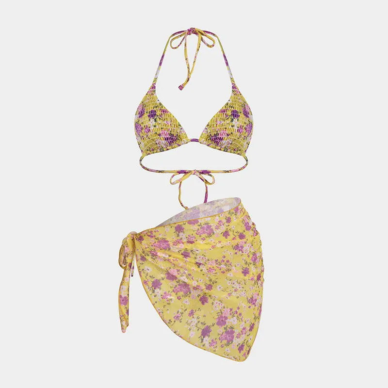 Printed Bikini Three Piece Gauze Skirt Split Sexy Vacation Bikini Swimsuit