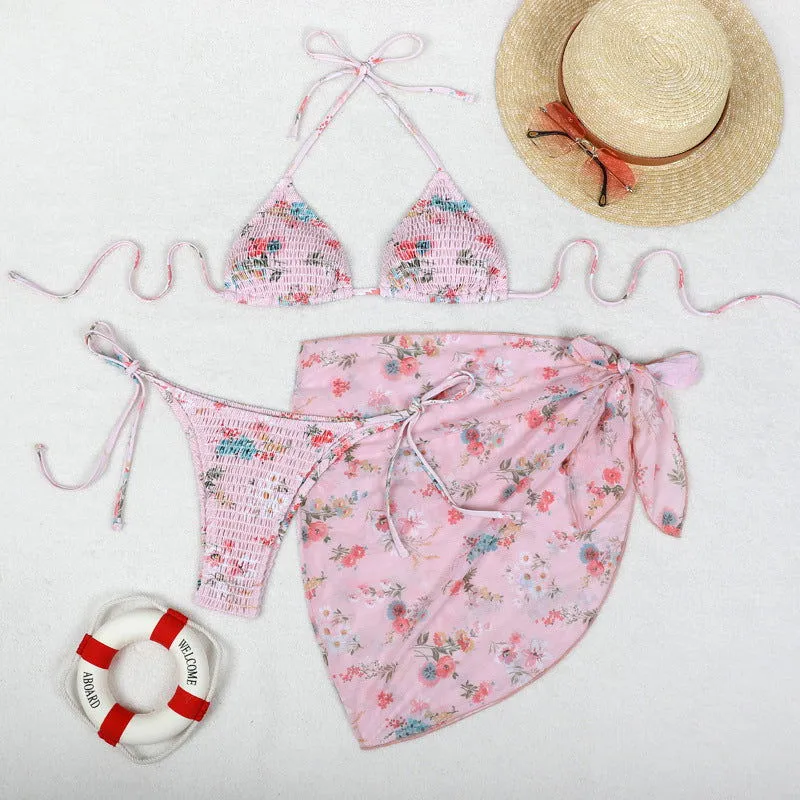 Printed Bikini Three Piece Gauze Skirt Split Sexy Vacation Bikini Swimsuit