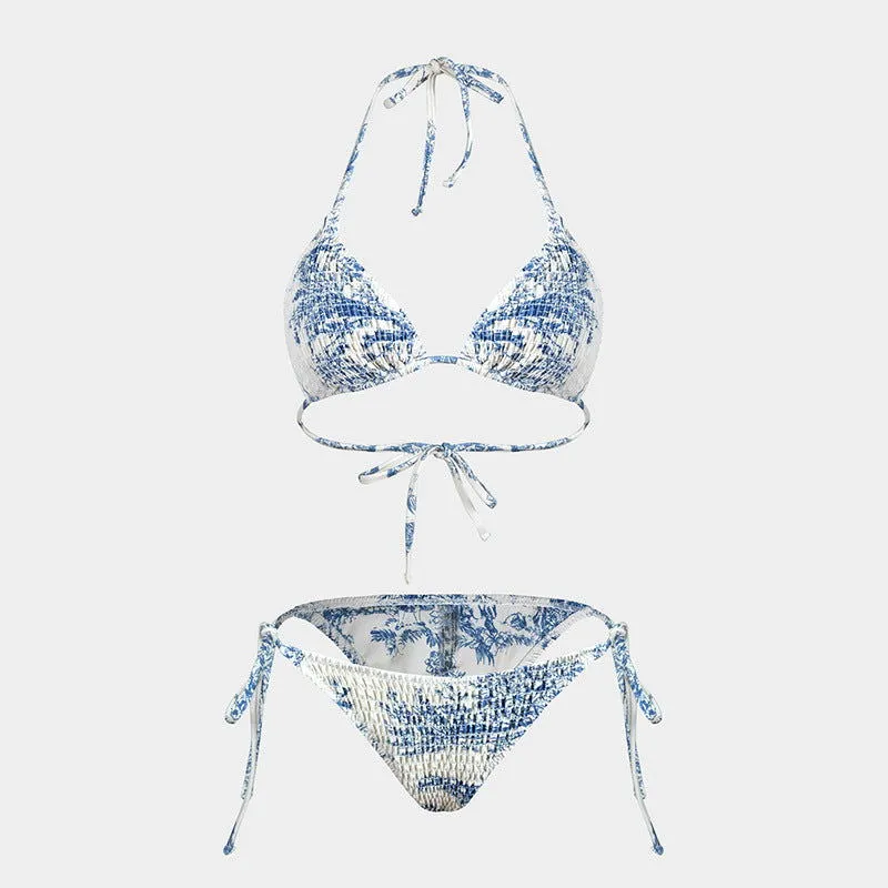 Printed Bikini Three Piece Gauze Skirt Split Sexy Vacation Bikini Swimsuit