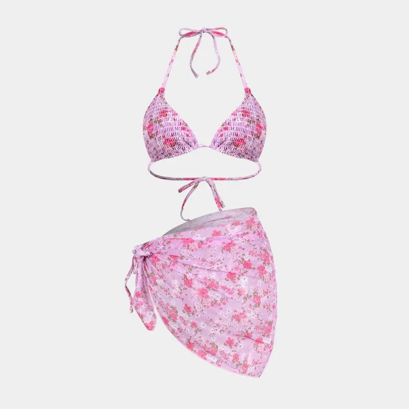 Printed Bikini Three Piece Gauze Skirt Split Sexy Vacation Bikini Swimsuit