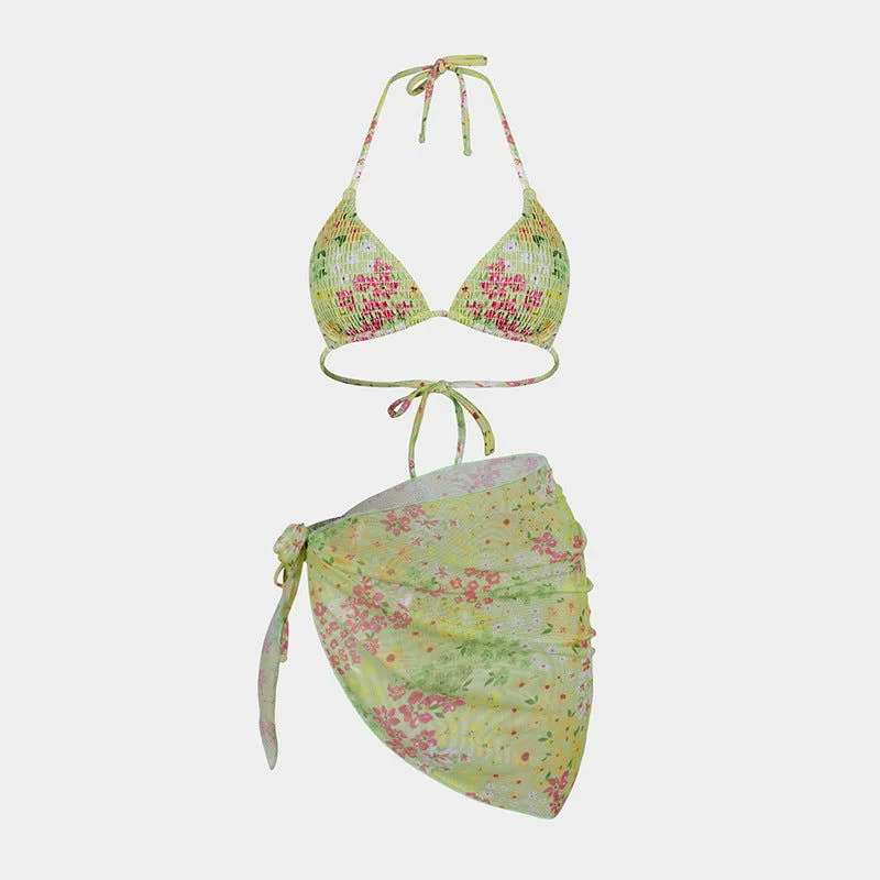 Printed Bikini Three Piece Gauze Skirt Split Sexy Vacation Bikini Swimsuit