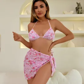 Printed Bikini Three Piece Gauze Skirt Split Sexy Vacation Bikini Swimsuit