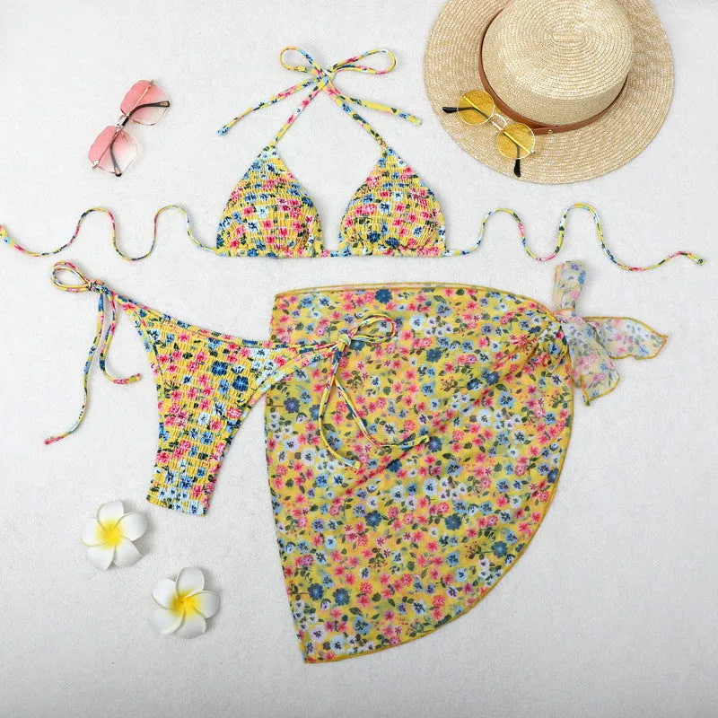 Printed Bikini Three Piece Gauze Skirt Split Sexy Vacation Bikini Swimsuit