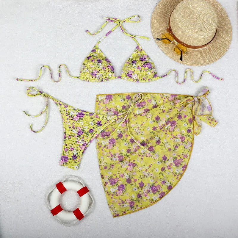 Printed Bikini Three Piece Gauze Skirt Split Sexy Vacation Bikini Swimsuit