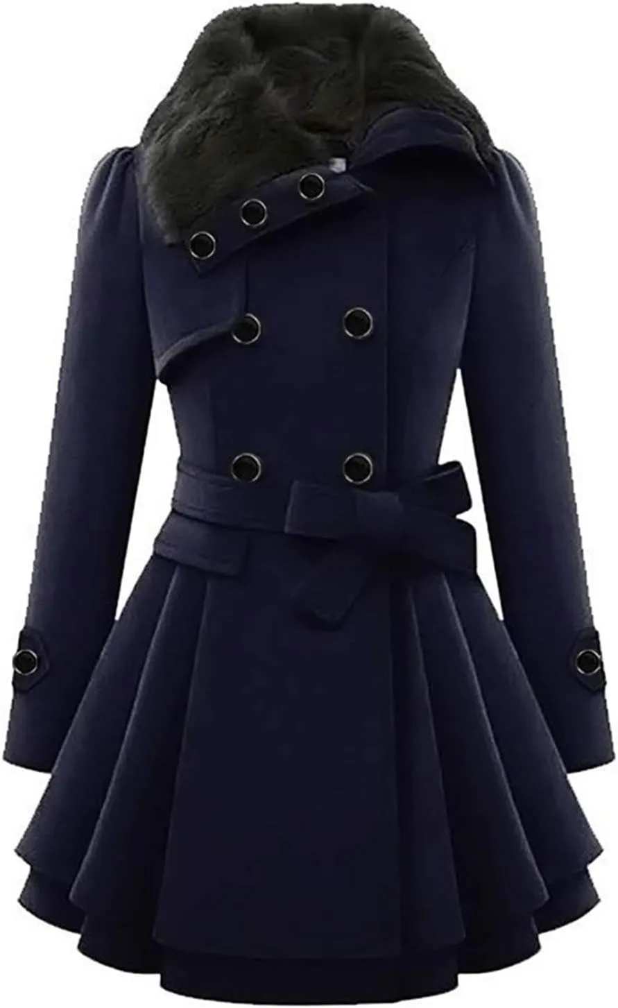 SACFOF Women's Faux Fur Lapel Double Breasted Thick Wool Trench Coat Winter Warm A-Line Dress Wool Blend Pea Coat Jackets