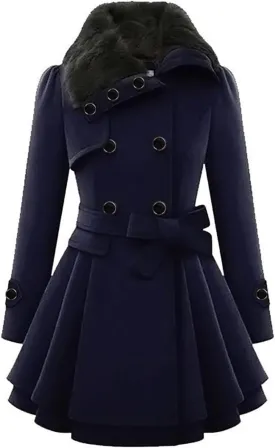 SACFOF Women's Faux Fur Lapel Double Breasted Thick Wool Trench Coat Winter Warm A-Line Dress Wool Blend Pea Coat Jackets