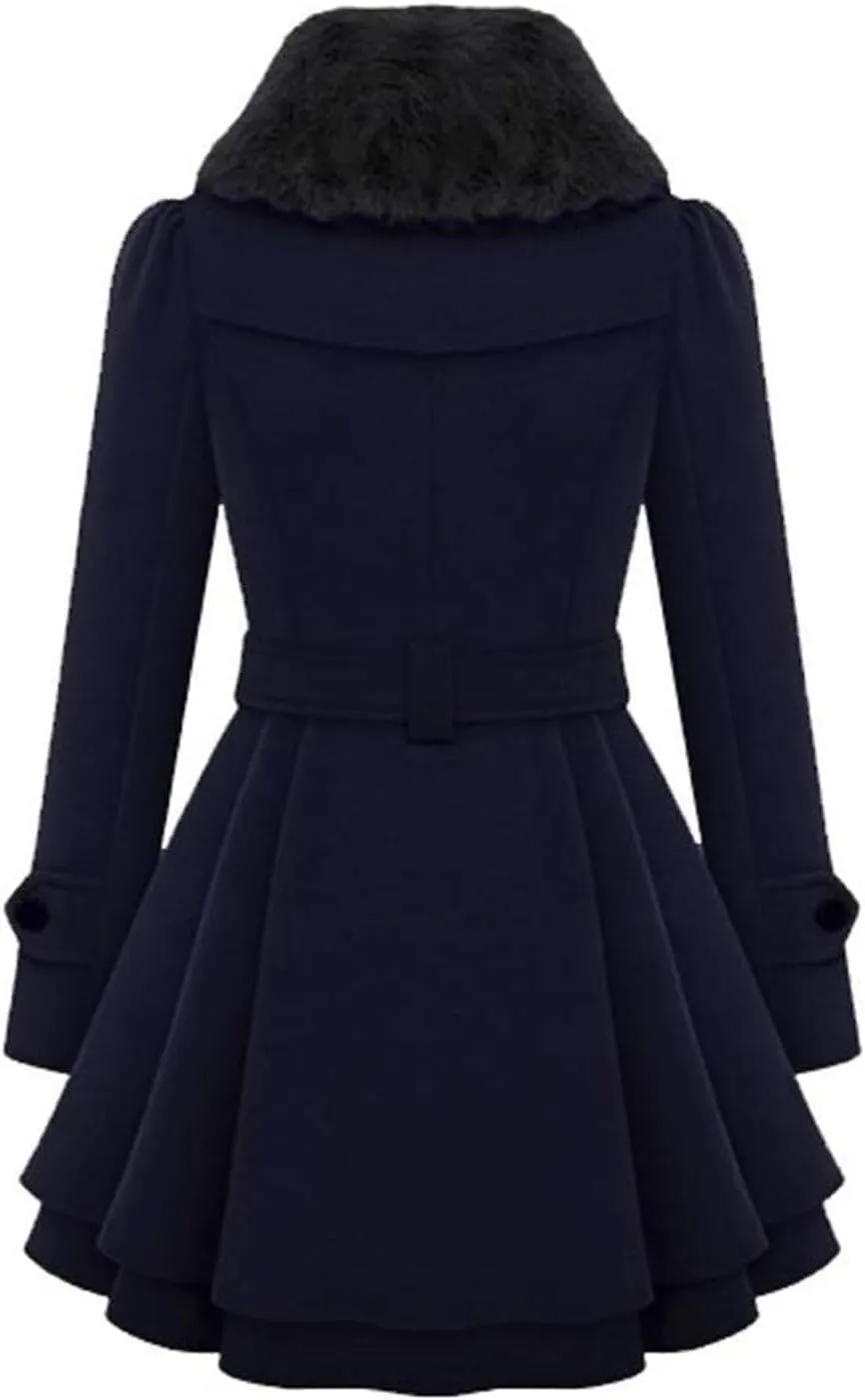 SACFOF Women's Faux Fur Lapel Double Breasted Thick Wool Trench Coat Winter Warm A-Line Dress Wool Blend Pea Coat Jackets