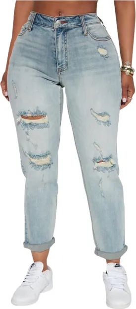 SheKiss Boyfriend Stretchy Jeans for Women - Distressed Frayed High Waisted Trendy Denim Blue Jeans