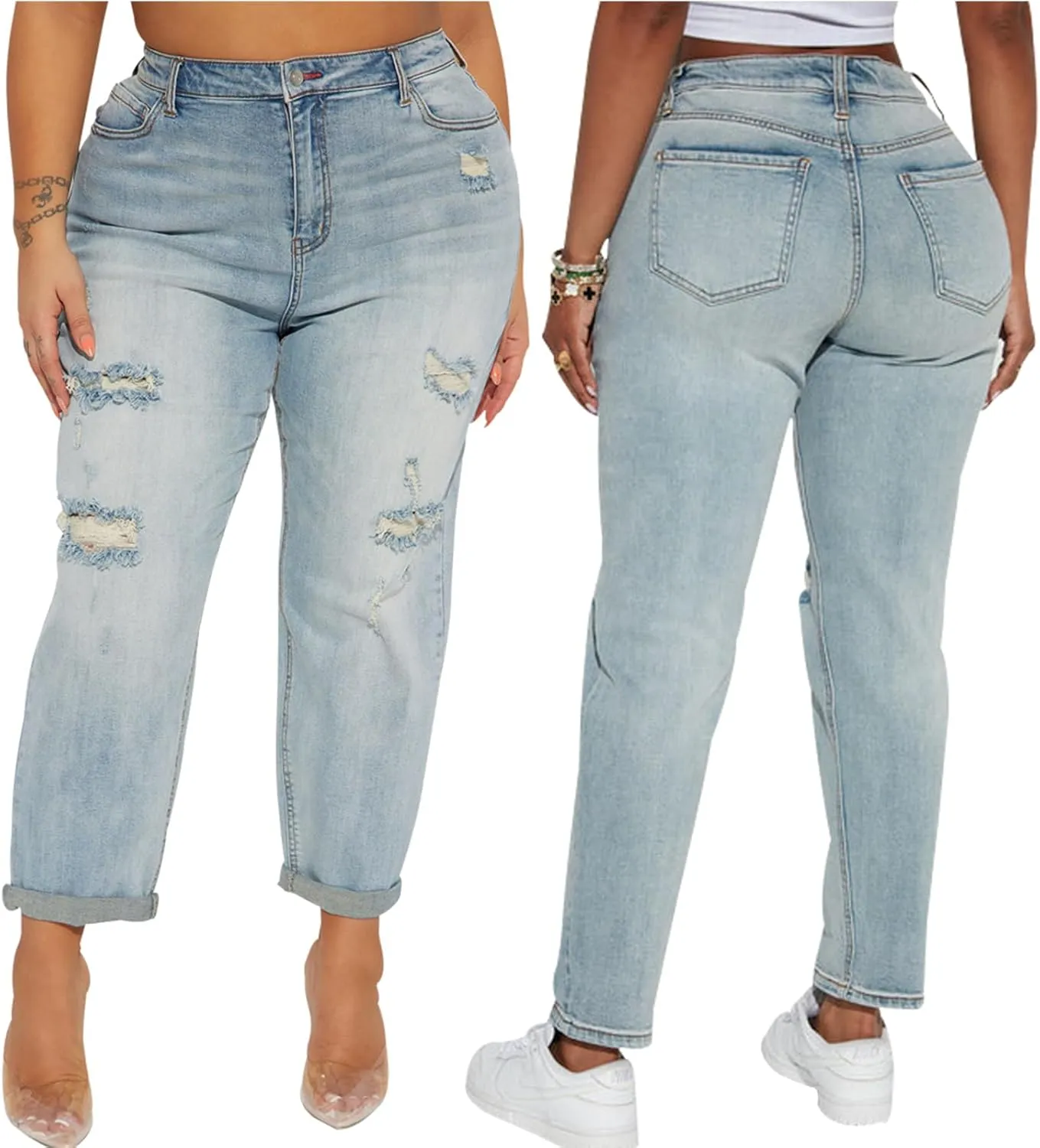 SheKiss Boyfriend Stretchy Jeans for Women - Distressed Frayed High Waisted Trendy Denim Blue Jeans