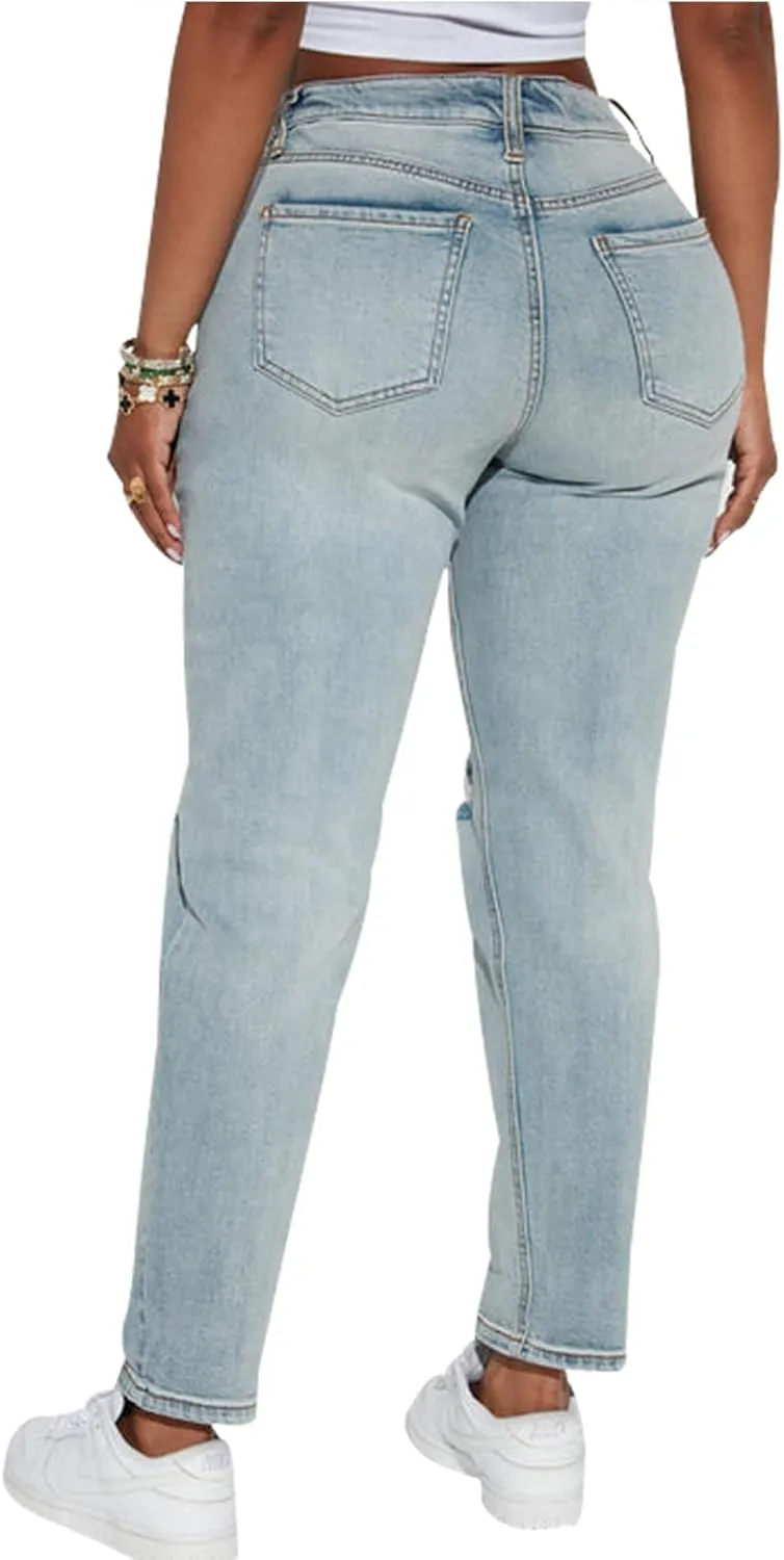 SheKiss Boyfriend Stretchy Jeans for Women - Distressed Frayed High Waisted Trendy Denim Blue Jeans
