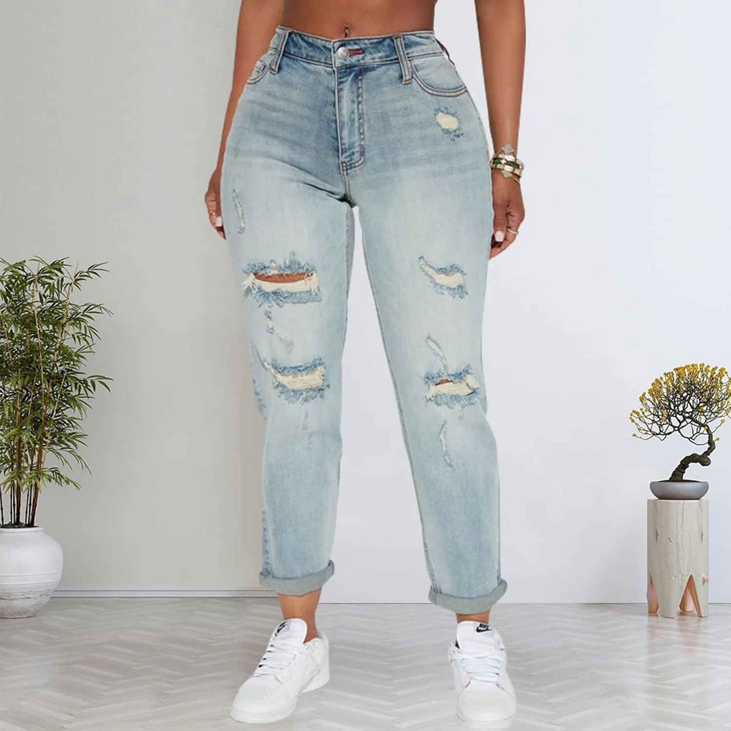 SheKiss Boyfriend Stretchy Jeans for Women - Distressed Frayed High Waisted Trendy Denim Blue Jeans