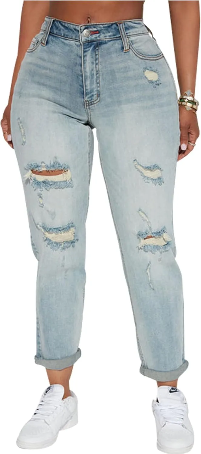 SheKiss Boyfriend Stretchy Jeans for Women - Distressed Frayed High Waisted Trendy Denim Blue Jeans