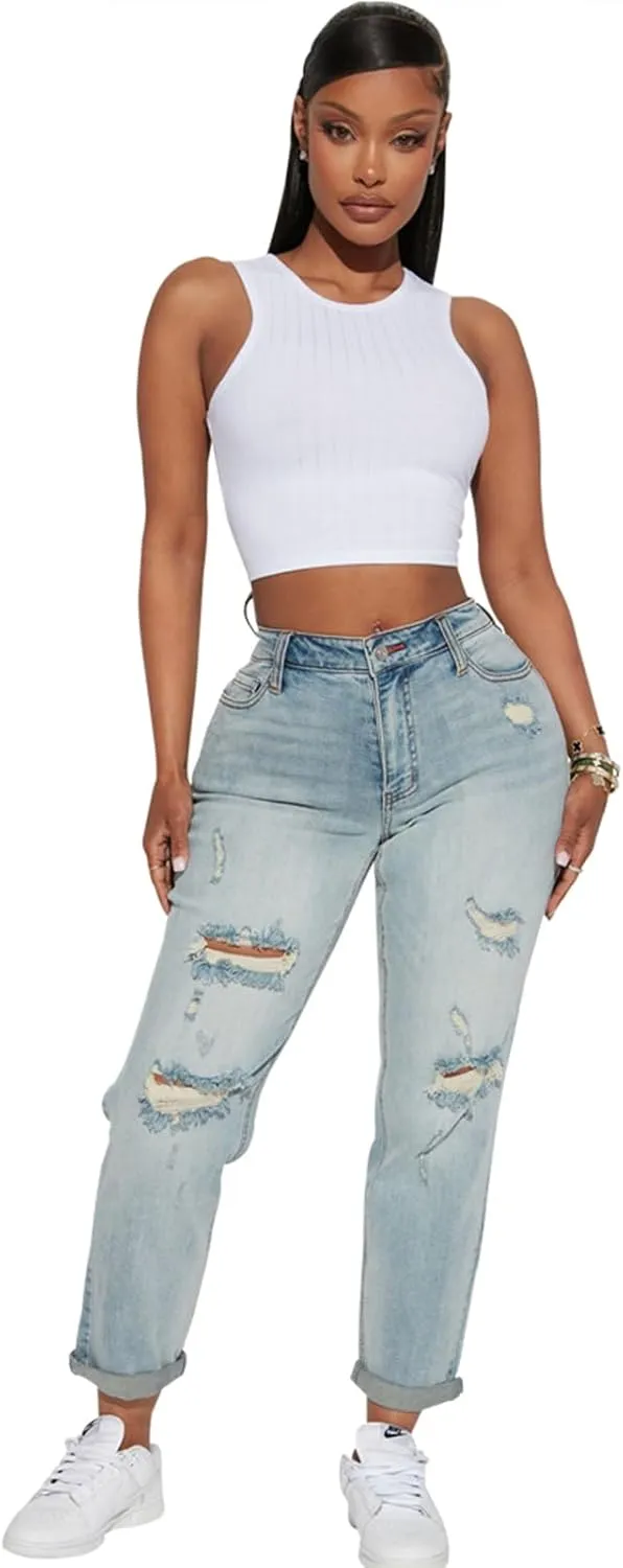 SheKiss Boyfriend Stretchy Jeans for Women - Distressed Frayed High Waisted Trendy Denim Blue Jeans