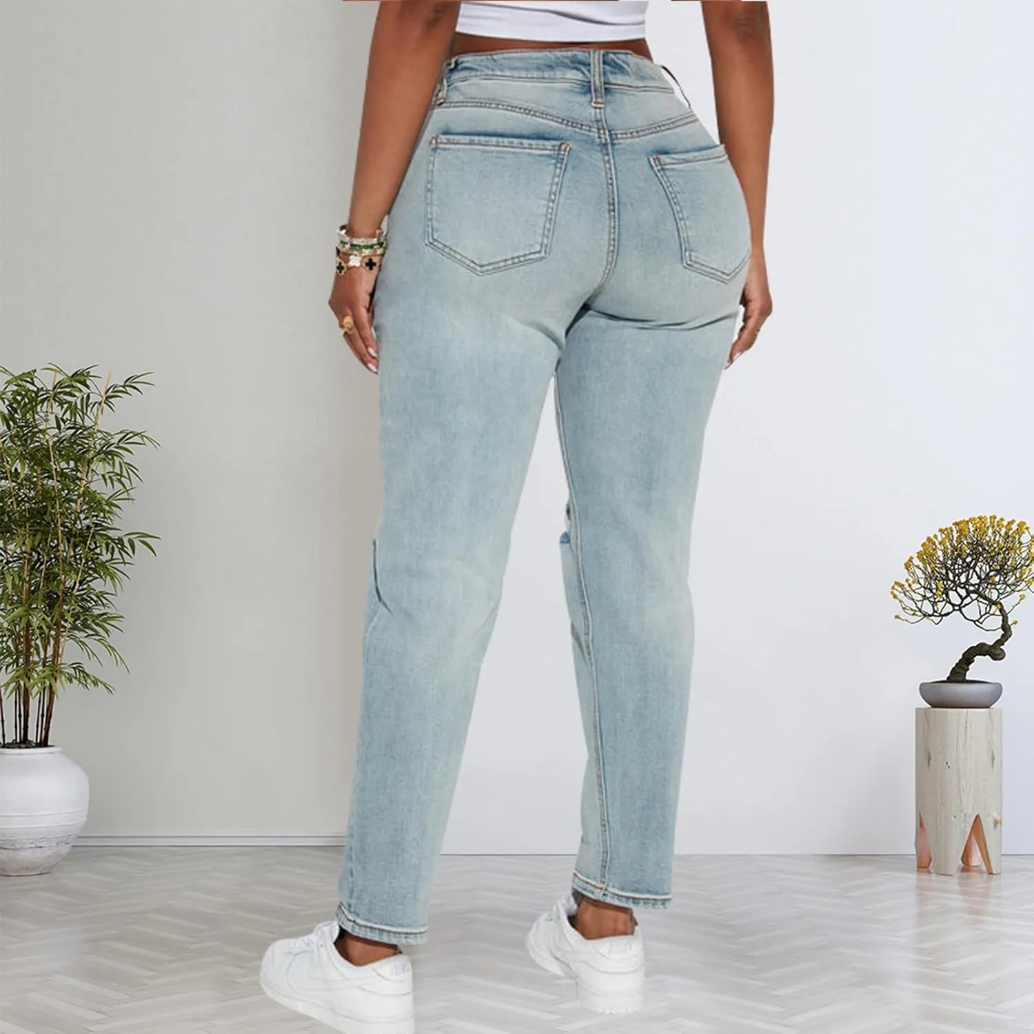 SheKiss Boyfriend Stretchy Jeans for Women - Distressed Frayed High Waisted Trendy Denim Blue Jeans