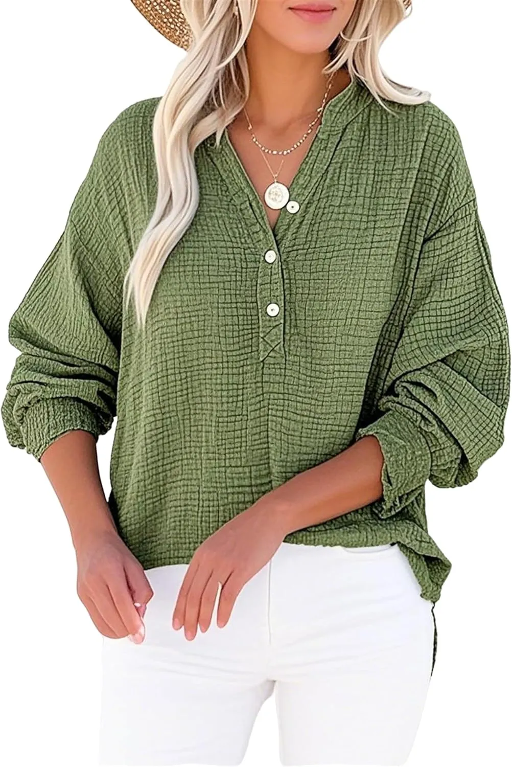 Simplifyleast Womens Casual Button V Neck Long Sleeve Shirts Oversized Solid Blouses Tops Lightweight Gauze Muslin Shirt