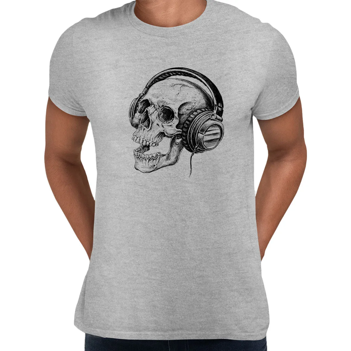 Skull Headphones DTG Printed Mens Tee S-3XL Band Skeleton Music Retro Unisex T-Shirt
