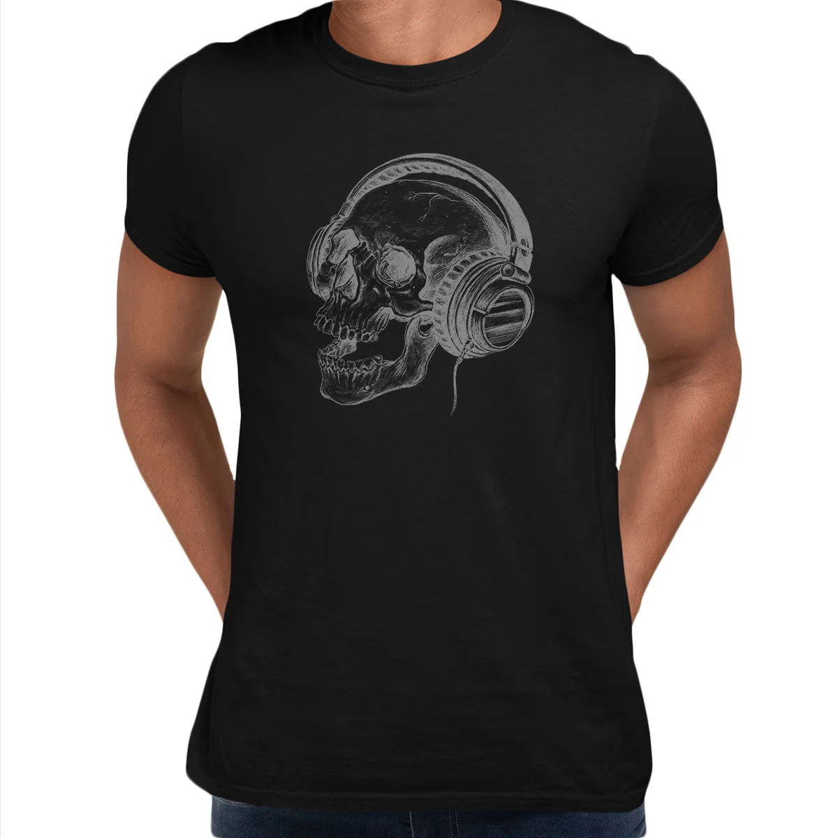 Skull Headphones DTG Printed Mens Tee S-3XL Band Skeleton Music Retro Unisex T-Shirt